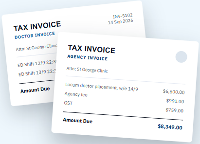 Doctor invoice and agency invoice for the same confirmed locum shifts, laid over each other